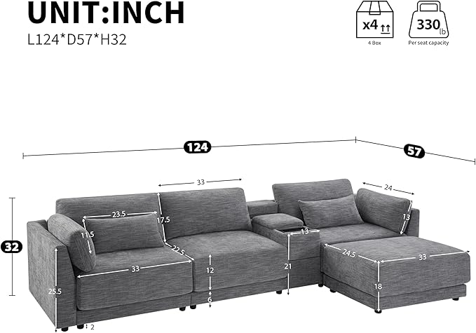 124" L-Shaped Corner Sectional Sofa with Multi-Functional Storage Console for Home Apartment, Luxury Chenille Upholstered Cloud Couches W/Wireless Charger & Ottoman
