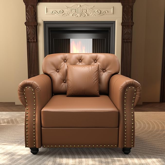 KEIKI 41" Faux Leather Chesterfield Sofa with Rolled Arms & Nailhead Trim & 1 Ottoman, 1-Seater Button Tufted Couch with High Resilience Cushion & 1 Pillow, Easy Assembly, for Living Room, Brown