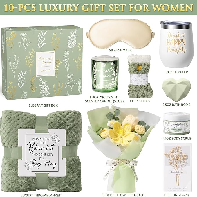 Mothers Day Birthday Gifts for Women Self Care Package Get Well Soon Gift Baskets, Thinking of You Sympathy Spa Gift Set w/ Crochet Flower Bouquet, Unique Gifts for Women Mom Sister Grandma Friends