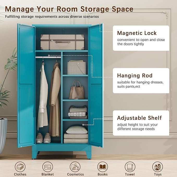 71" Tall Metal Armoire Wardrobe Closet, Clothing Storage Cabinet, Freestanding Wardrobe Cabinet with 4 Adjustable Shelves for Bedroom, Office, Garage