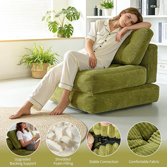 Art3d Folding Sofa Bed, Convertible Sleeper Sofa Bed with Pilow & Back Support, 3 in 1 Long Futon Boneless Couch, Comfy Floor Couch for Living Room, Bedroom, Grass Green