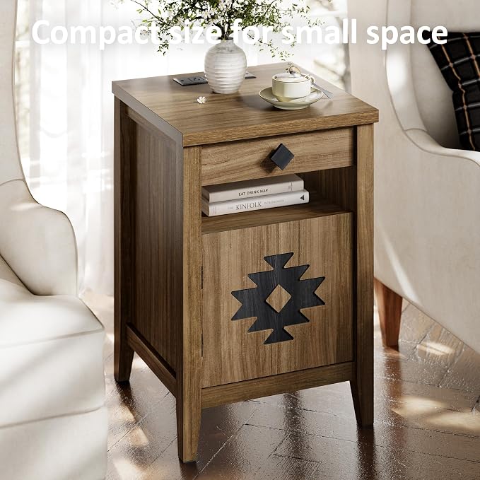 Night Stand with Charging Station and Drawers for Small Space,Wood Nightstand with Storage Cabinet & Drawer & Shelf,Modern and Farmhouse Nightstand for Bedroom,Walnut - Image 7