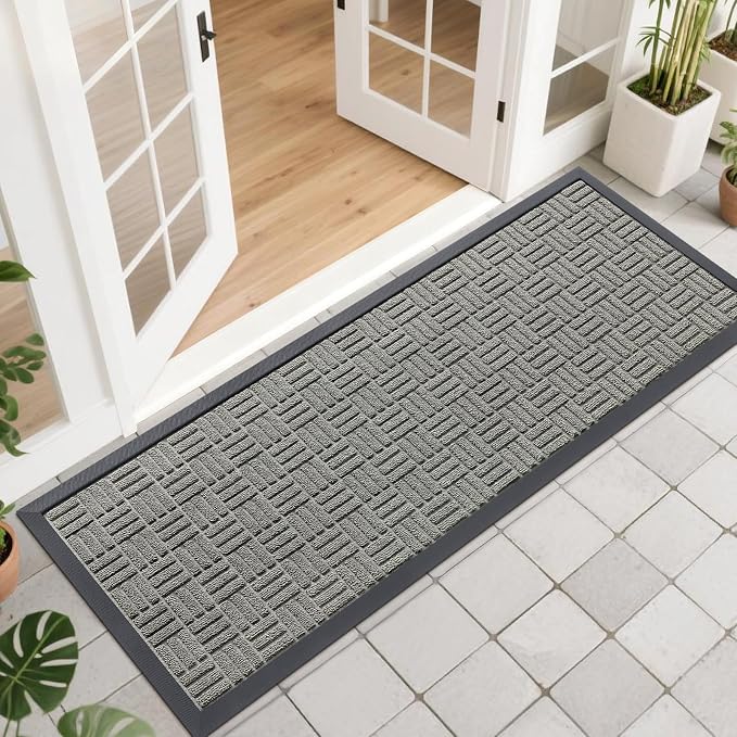 OLANLY Front Door Mat Outside Entrance 47x17, Absorbent, Heavy Duty Sturdy Natural Rubber Doormat Indoor Outdoor, Non-Slip, Stain and Fade Resistant, Low Profile Floor Mat for Entryway, Modern Gray by OLANLY
