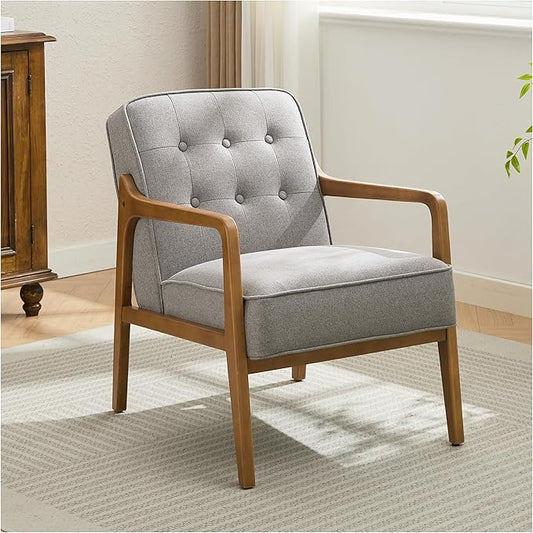 SOFTHION Linen Accent Chair, Mid Century Modern Chair for Living Room, Upholstered Comfy Lounge Armchair with Solid Wood Frame, Reading Side Chair for Bedroom,105°Ergonomic Comfort, Grey