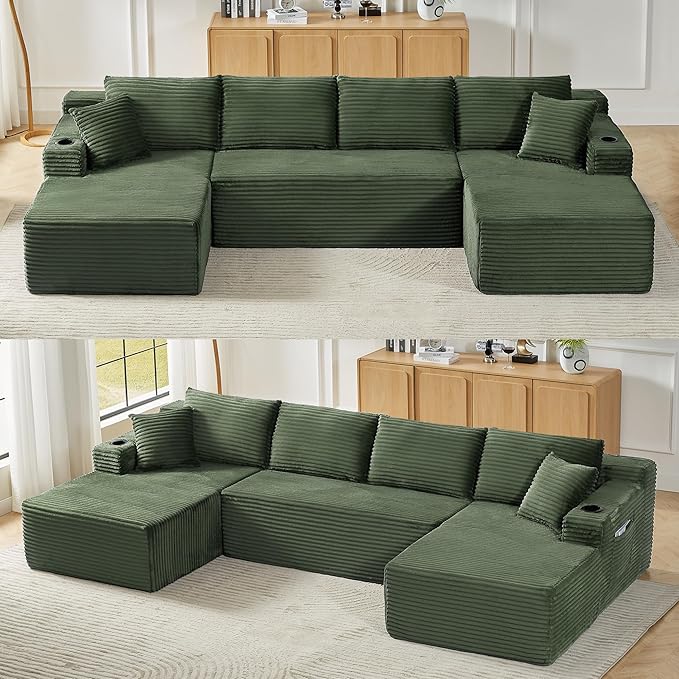 133.5" U Shaped Couch, Modular Sectional Sofa with Chaise, Corduroy U Shaped Boneless Couch with Deep Seat, Upholstered Modular Cloud Sofa for Living Room, No Assembly Required, Green