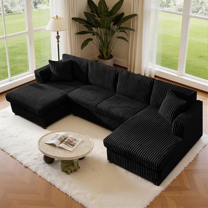 123" U-Shaped Modular sectional Sofa, Two L-Shape Chaise with 2 Cloud Couch sectional with Two Pillows, couches for Living Room (Black)