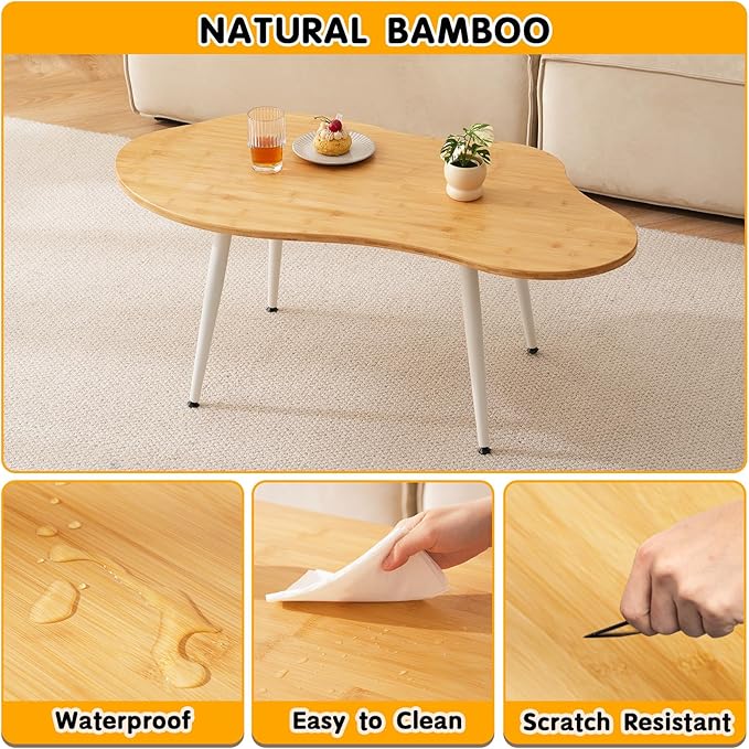 Cloud Coffee Table- Cute Tea Tables with Natural Bamboo, Solid Wood Coffee Tables, Modern Accent Sofa Center Table for Living Room & Office