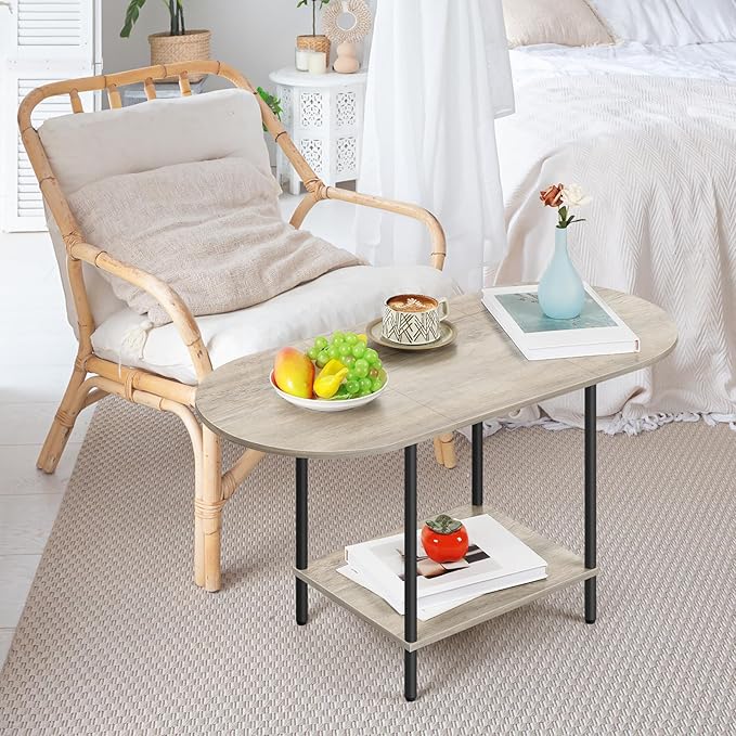 OYEAL Coffee Tables for Living Room 2-Tier Small Oval Table with Storage Shelf Mid Century Round Center Table for Display, Small Space,Home Office, Rustic Grey