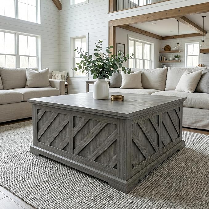 Amada Lift Top Coffee Table with Storage, Smooth Lifting Center Table with Hidden Compartment, Diagonal Pattern Wood Coffee Table for Living Room and Home Office, Gray
