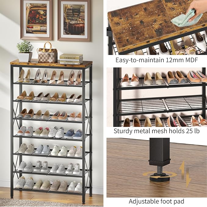 8-Tier Metal Shoe Rack for 32 Pairs, Heavy-Duty Shoe Organizer with Rustic Wooden Top, Space-Saving Entryway Shoe Storage for Closet, Garage, Hallway, Bedroom, Black & Rustic Brown - Image 6