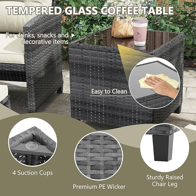 ORALNER 5 Pieces Patio Furniture Set with Ottoman, Wicker Conversation Set w/Cushions, Glass Coffee Table, Outdoor Lounger Rattan Chairs Bistro Set for Porch Balcony Garden Deck Poolside (White)