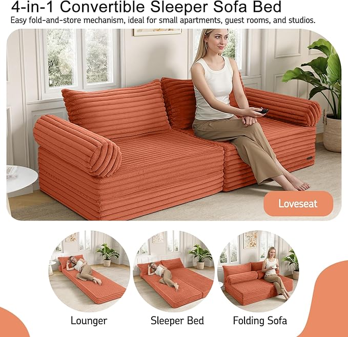 MeMoreCool Convertible Sofa Bed, Folding Floor Couch Bed Queen, Pull Out Sleeper Couch with Pillows, Fold Out Futon Sofa for Bedroom Living Room Small Space, Corduroy Orange