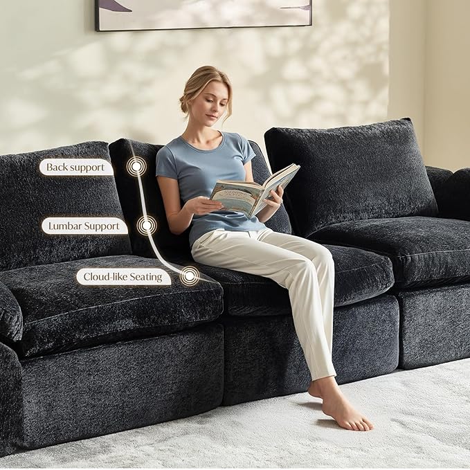 Vamcheer U Shaped Cloud Couch - Utra Soft Modular Sectional Sofa with 2 Movable Ottoman, Deep Seat Boneless Couches for Living Room, Bedroom, Office, No Assembly Required, Black