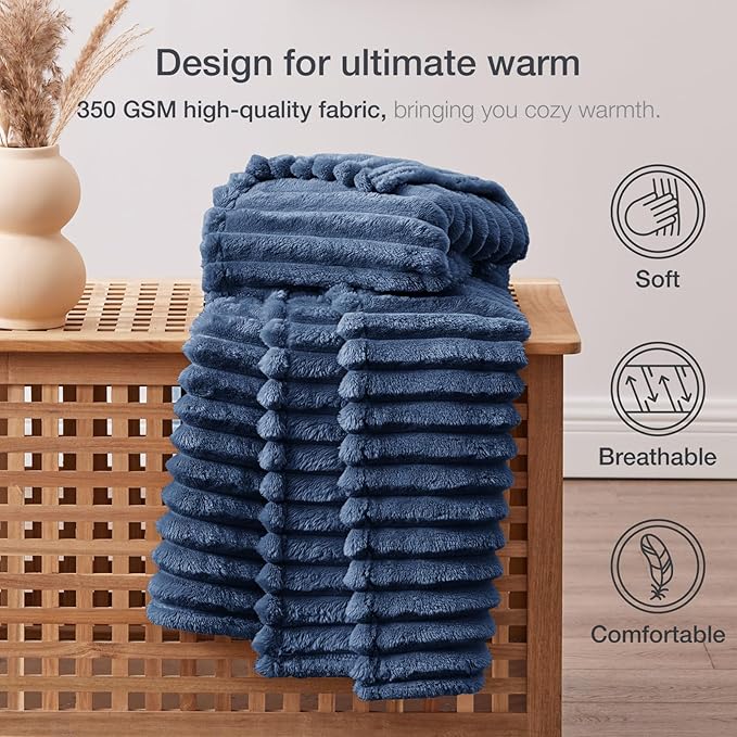 EXQ Home Fleece Blanket Twin Size for Couch or Bed - 3D Stripe Jacquard Decorative Blankets - Cozy Soft Lightweight Fuzzy Flannel Blanket Suitable for All Seasons(60"??80",Dark Blue)