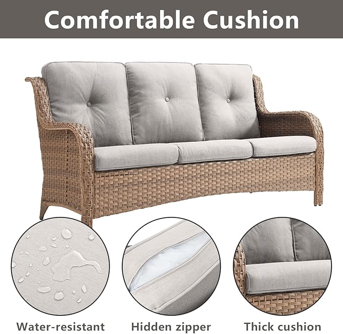 Rilyson Patio Furniture Swivel Chairs Set - 7 PC Wicker Rattan Outdoor Sectional Conversation Sets with 2 Rocking Chairs,2 Ottoman,2 Sofa and 1 Coffee Table for Porch Deck Garden(Yellow/Beige)