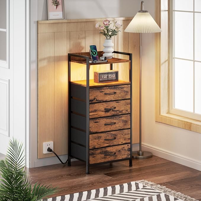 Furnulem 5 Drawer Dresser for Bedroom, Tall Nightstand with Led Light and Charging Station, Small Night Stand Bedside Table, Fabric Bins, Metal Frame, Wood Shelf, Side Furniture(Rustic Brown) - Image 6