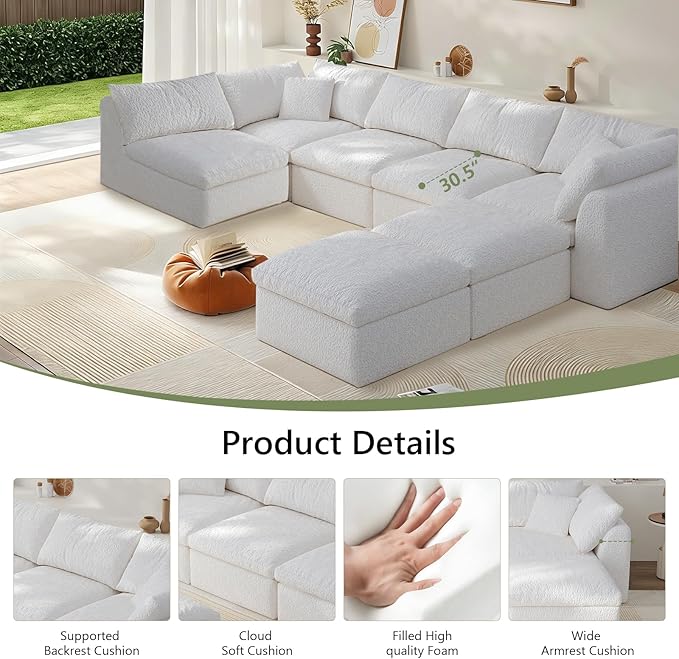 Modular Sectional Sofa Boneless Cloud Couch for Living Room, U Shape Deep Seat Recliner Sofa with Ottoman, Adjustable Backrest & 2 Throw Pillows - Covers Washable, (White, 5 Seater+2 Ottoman)