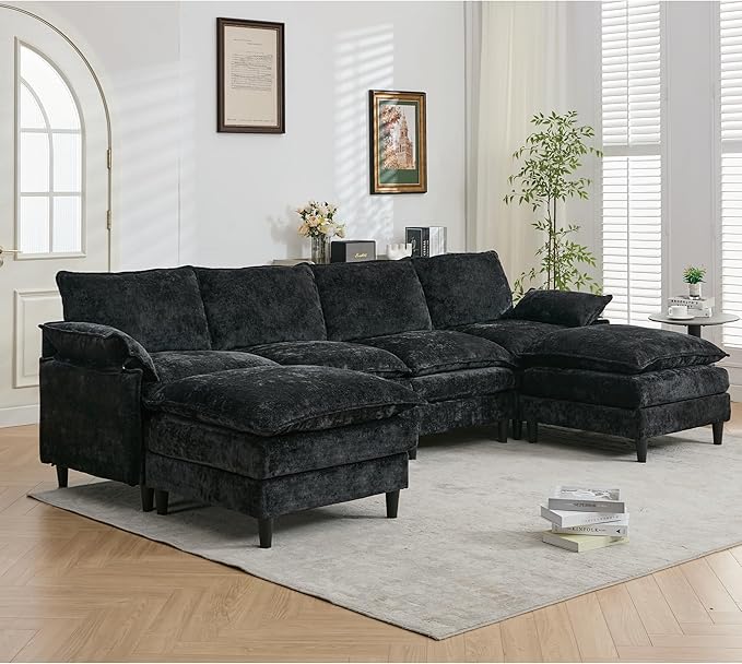 121-Inch U-Shaped Sectional Cloud Sofa Oversized Modular 6 Seaters Sofa Couch with 2 Ottoman Chaise and Pillow Armrest, Chenille Upholstered Convertible Cloud Couch