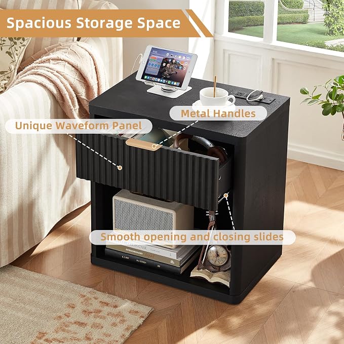 LEYAOYAO Fluted Nightstand with Charging Station, 23" Wide 1 Drawers End Table,Black Night Stand with Open Storage Cabinet, Farmhouse Bed Side Tables, Wood Dresser for Bedroom, Living Room, Closet - Image 6