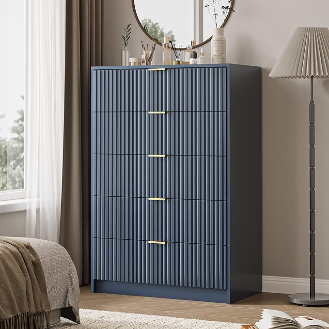 MAISONARIA 3-Piece Dresser Bedroom Set, 5 Drawer Dresser & 3 Drawer Nightstands with Gold Handles, Fluted Wood Chest of Drawers for Bedroom, Living Room, Entryway, Navy Blue