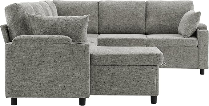ERYE U Shaped Pull Out Sleeper Sectional Sofa Bed Modern Corner Convertible Sleeper Couch with Left Facing Storage Chaise, Cupholders, Charging Ports and Armrests Storage