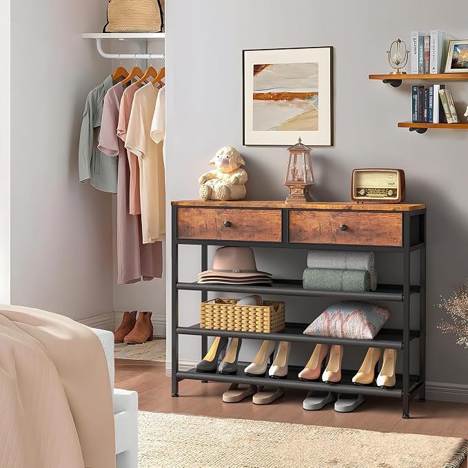 usikey Shoe Rack, 4 Tier Shoe Storage Organizer with 2 Drawers, Metal Shoe Shelf for 12-15 Pairs of Shoes, with 3 Oxford Fabric Shelves and Wooden Top, Shoe Stand for Entryway, Rustic Brown UNYXJX008F - Image 4