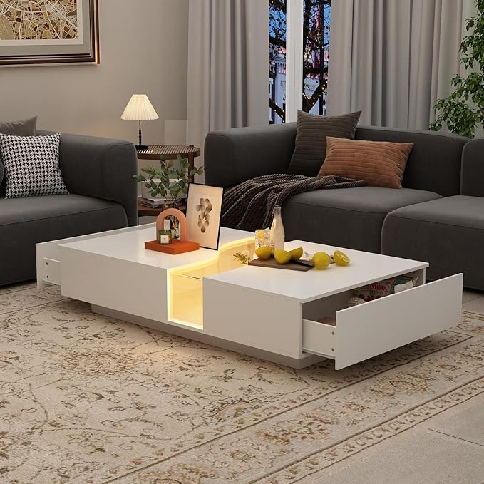 ECACAD Modern LED Coffee Table with 2 Drawers, Tempered Glass Top & Remote Control, Rectangle Coffee Center Table for Living Room & Reception Room, White 31.5”D x 55.1”W x 11.8”H