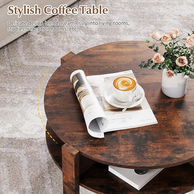 Tangkula Round Coffee Table, 29.5” 2-Tier Circle Cocktail Center Table with Storage Shelves, for Small Spaces, Living Room (Rustic Brown)