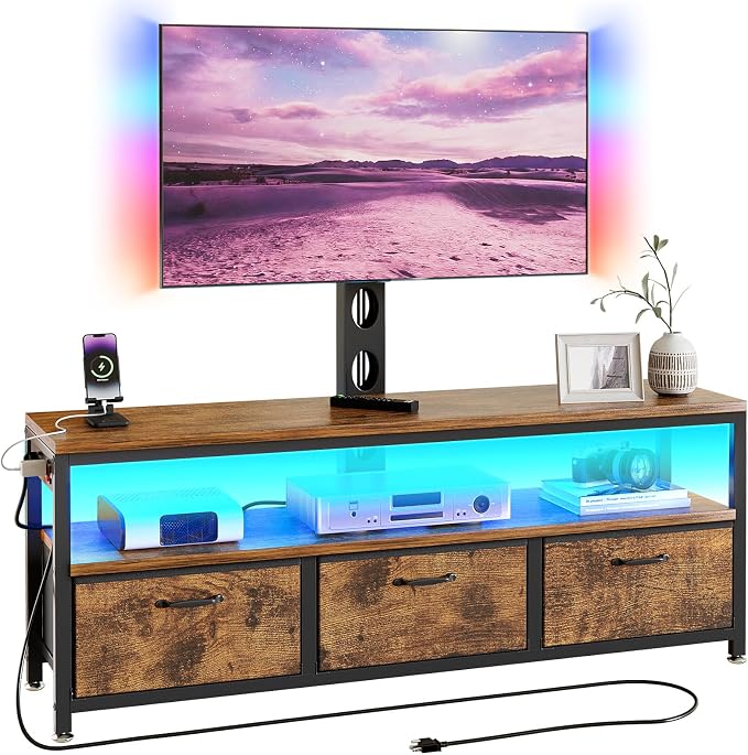 JUSTOGO TV Stand with Mount and Power Outlet, TV Stand with Drawers Storage for Living Room Bedroom, LED Entertainment Center for 45 55 60 65 inch, Height Adjustable Media Console, Rustic Brown by JUSTOGO