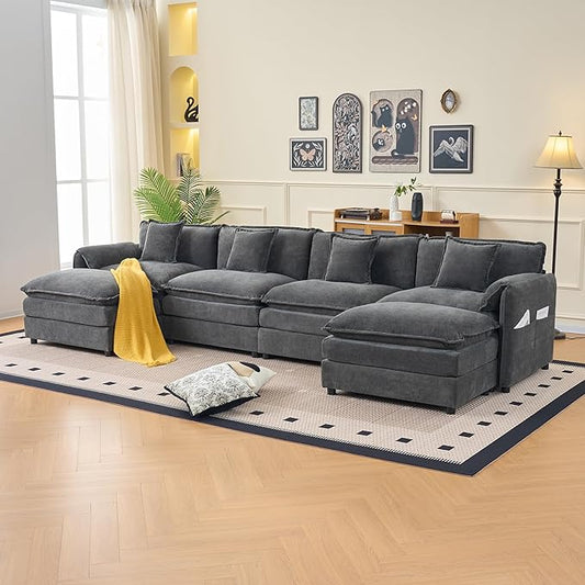 143-Inch U-Shaped Sectional Cloud Sofa Oversized Modular 6 Seaters Sofa Couch with 2 Ottoman Chaise and Pillow Armrest, Chenille Upholstered Convertible Cloud Couch