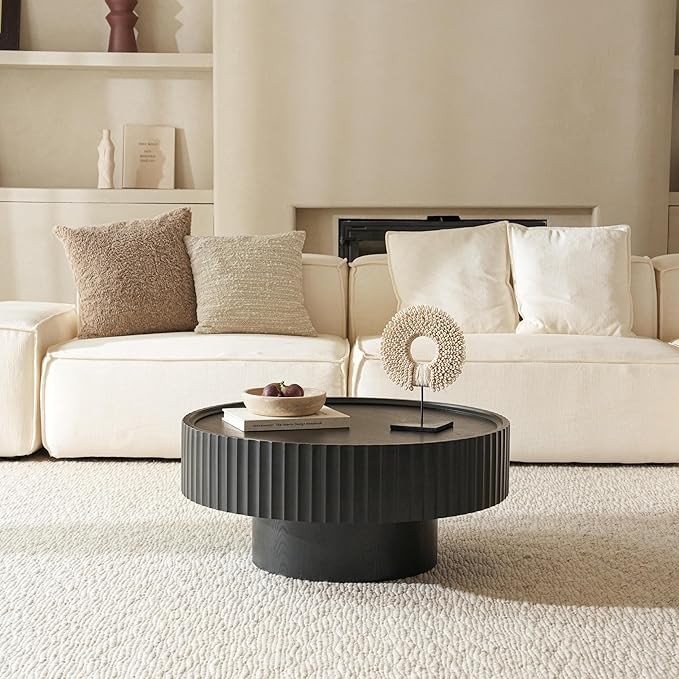 Round Coffee Table, 30.3in Modern Living Room Table, Fluted Drum Circle Tea Table with Storage, Accent Center Tables for Living Room, Apartment, Small Space(30.3''L×13.7''H) (Black)