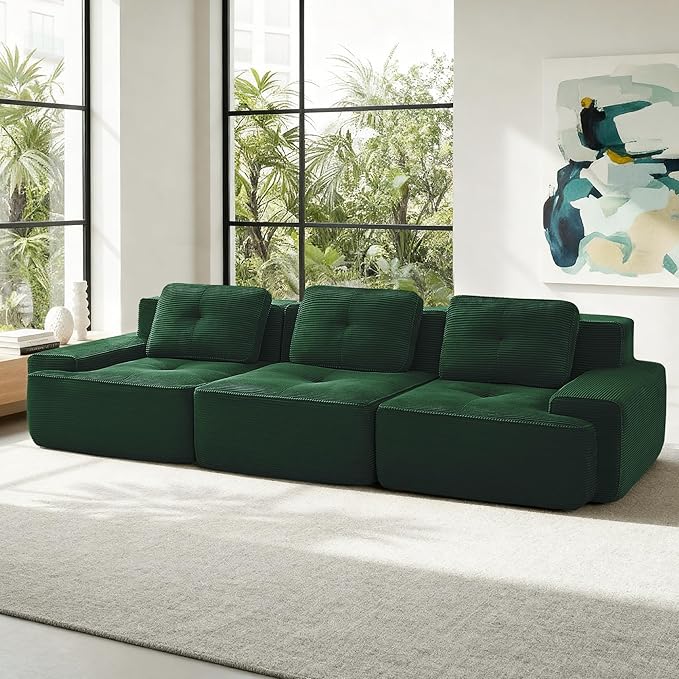 Casaphoria 115'' Green Corduroy Sofa, Boneless Sectional Couch with 3 Pillows for Modern Living Room, Deep Seat Sofa No Assembly Modular Cloud Couch