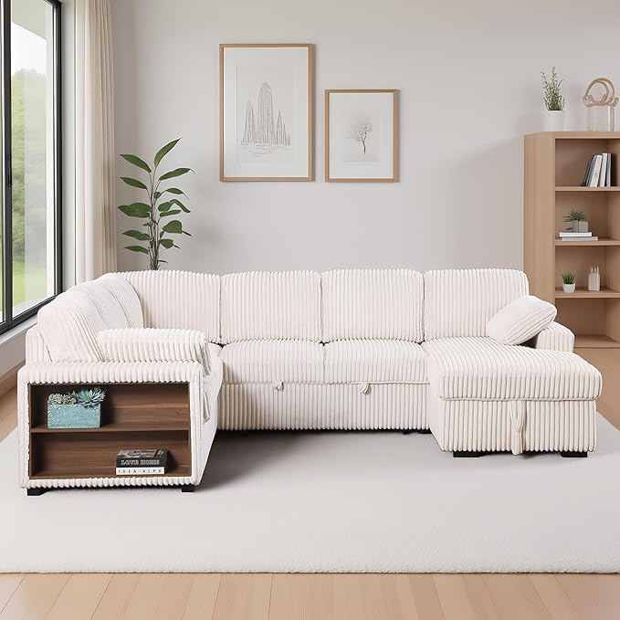 ERYE Oversized U-Shaped Pull Out Sleeper Couch Bed, Modern U Shaped Sleeper Sectional Sofa Corduroy Corner Convertible Sofa Bed with Storage Chaise Lounge and Cabinet