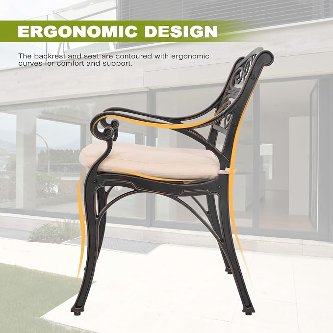 NUU GARDEN 5 Piece Cast Aluminum Outdoor Patio Dining Set, Round Patio Dining Table with 2.24" Umbrella Hole and 4 Patio Dining Chairs with Cushions for Garden, Balcony, Bronze and Beige - Image 5