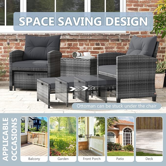 ORALNER 5 Pieces Patio Furniture Set with Ottoman, Wicker Conversation Set w/Cushions, Glass Coffee Table, Outdoor Lounger Rattan Chairs Bistro Set for Porch Balcony Garden Deck Poolside (Grey)