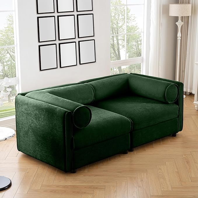 KEIKI 76" Oversized Modular Loveseat Chenille Sectional Sofa with Storage Seat, 2-Seater Couch with Cylindrical Backrest and Armrests, Easy Assembly, for Apartment, Living Room, Green
