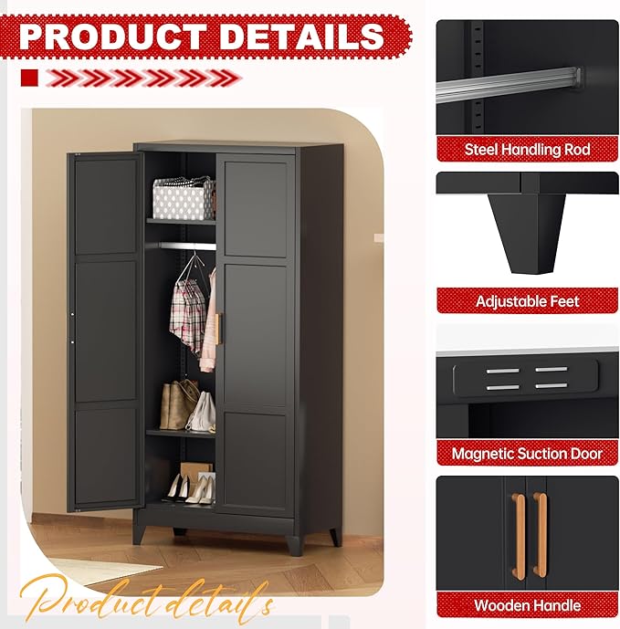 Superday Metal Wardrobe Closet, 72" H Bedroom Armoires with Wooden Handle, Metal Cabinet with Adjustable Shelves and Hanging Rods, Steel Storage Locker Closet for Home, Office, Employee, Gym (Black)