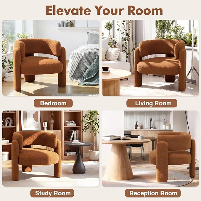 Accent Chairs Set of 2, Modern Sherpa Barrel Chairs, Upholstered Living Room Chairs with 3 Legs, Comfy Armchair Reading Side Chair for Bedroom, Office, Apartment, Brown