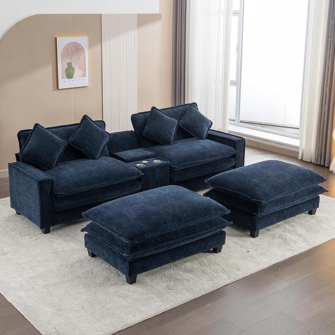 Sectional Sofa Chenille Upholstered with 2 Removable Ottoman, 2 USB Ports, 2 Cup Holders Large Storage Box for Living Room
