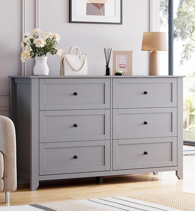 GarveeHome Grey 6 Drawer Dresser for Bedroom, Simply Modern Chest of Drawers, Wood Storage Double Dresser with Deep Drawers for Living Room, Hallway Entryway by GarveeHome
