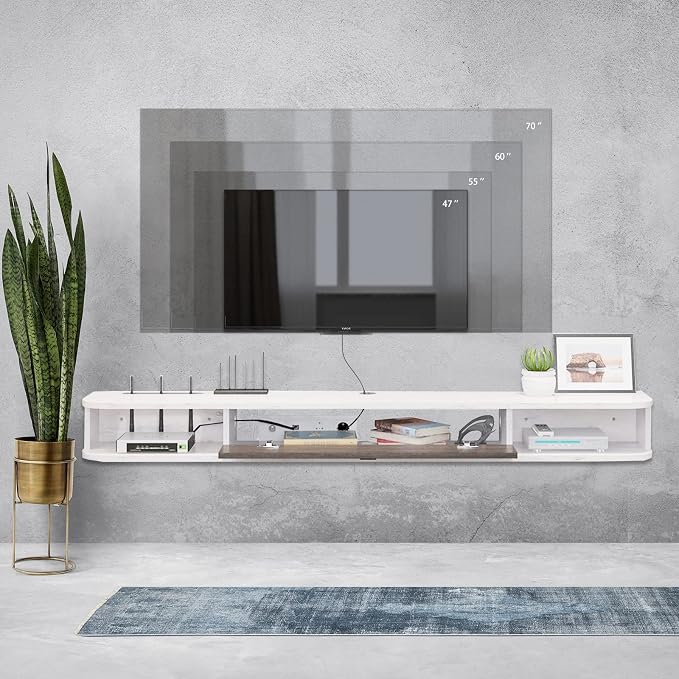 Pmnianhua Floating TV Console,63'' Wall-Mounted Media Console TV Cabinet Floating TV Stand Entertainment Shelf with Door and Storage (Grey White) - Image 7