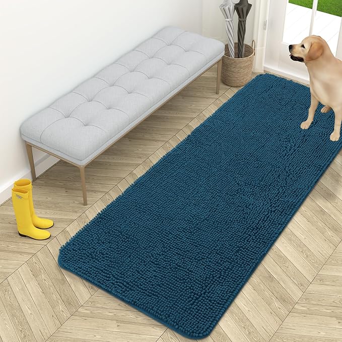 OLANLY Dog Door Mat for Muddy Paws 59x24, Absorbs Moisture and Dirt, Absorbent Non-Slip Washable Doormat, Quick Dry Chenille Mud Mat, Entry Indoor Entryway Carpet for Inside Floor, Atlantic Blue by OLANLY