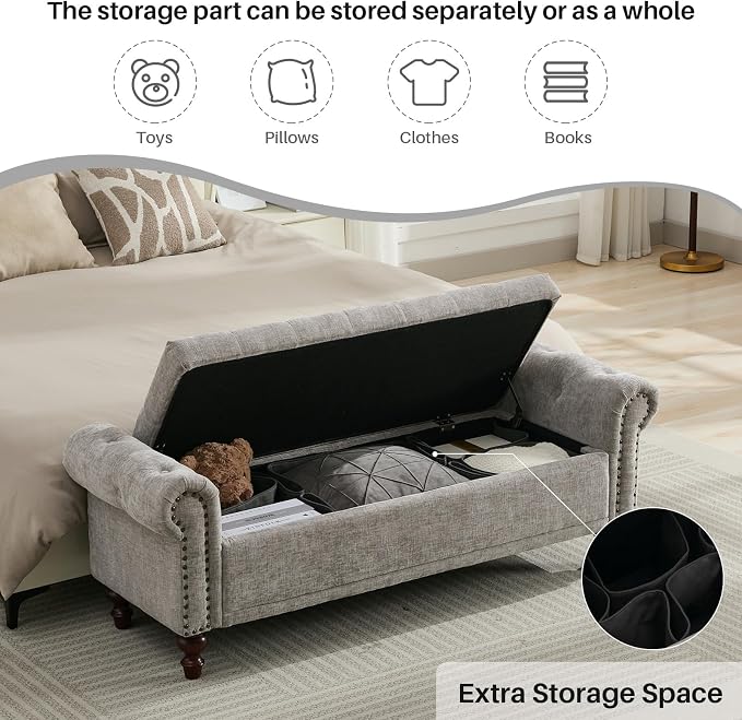 SOFTHION 58.1" Storage Bench Upholstered Chenille End of Bedroom Bed Bench Ottoman with Tufted Cushioned Rolled Arm Large Storage Space for Reading Living Room Entryway, Light Grey - Image 3