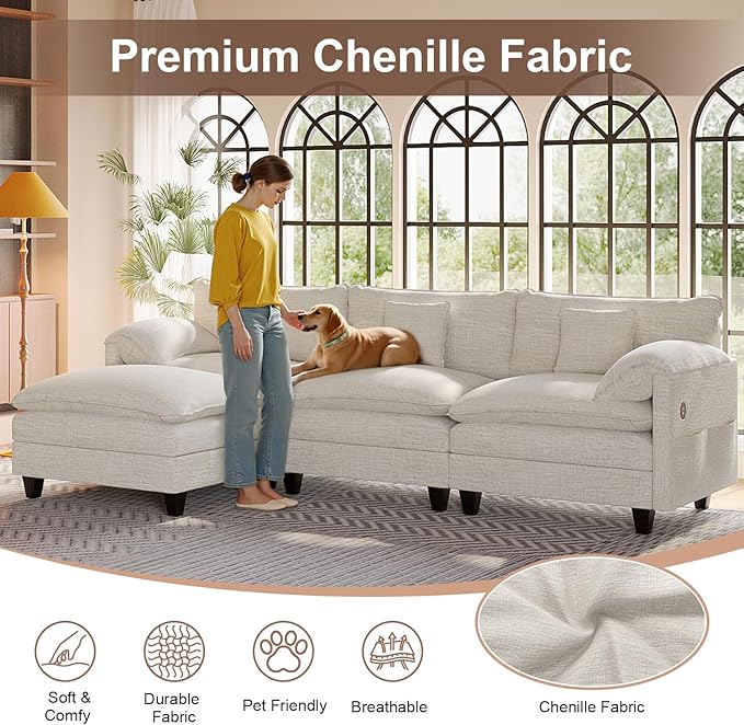 Modular Sectional Sofa, 108” Comfy Cloud Couch with Movable Ottoman | Charging Station | Side Pocket | Throw Pillow, Modern L-Shaped Couches for Living Room, Chenille, White