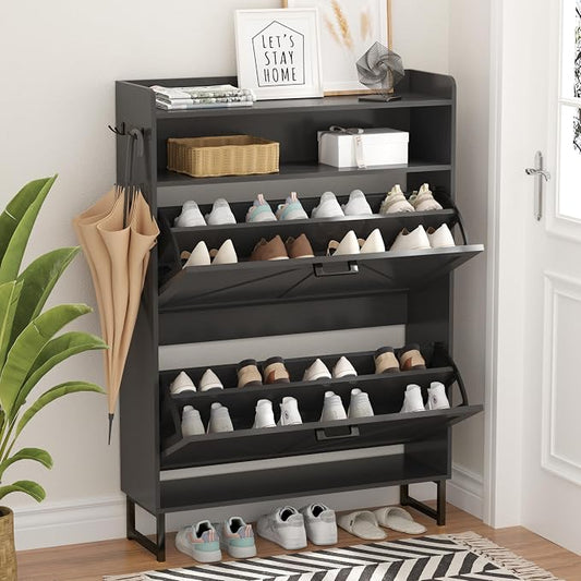 Shoe Cabinet with 2 Flip Drawers, Freestanding Hidden Shoe Storage Organizer for Entryway, Narrow Slim Shoe Rack Cabinet with Open Storage & Hooks for Front Door Entrance, Living Room, Hallway, Black by Xixini