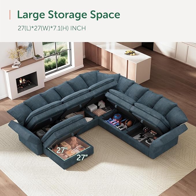 HONBAY Modular Sectional Sofa, 6 Seaters Corduroy Sectional Couchwith Ottoman, L Shaped Sofa with Storage & Pillows, Blue