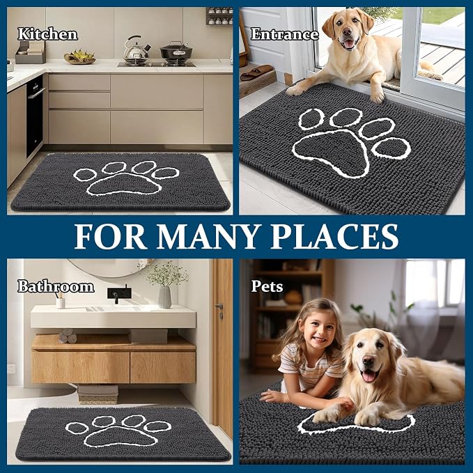 OLANLY Dog Door Mat for Muddy Paws 70x46, Paw Print Design, Absorbs Moisture and Dirt, Absorbent Non-Slip Washable Doormat, Quick Dry Chenille Mud Mat for Dogs, Entry Indoor Entryway Carpet, Dark Grey - Image 8