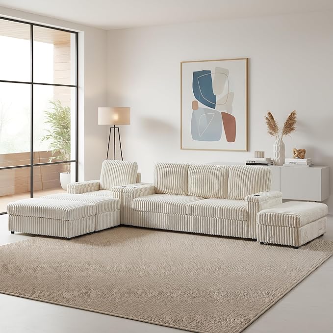 ERYE Oversized Loveseat Sectional Sofa and Chaise, 5 Pieces Living Room Sofa Set Include Love Seat,Chair & 3 Ottomans, Corduroy Upholstered Modular Couch with Cupholders