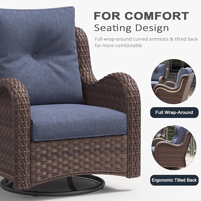 LayinSun 7 Pieces Outdoor Patio Furniture Set with Fire Pit Table, Rattan Wicker Sectional Swivel Rocker Chairs Sets with Ottomans, Swivel Glider Chairs and Coffee Table