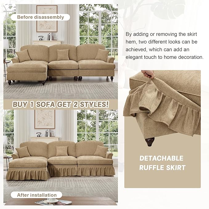 KEIKI Mid Century Modular Sofa with Flared Arms and Skirted Design, 76" Loveseat with Ottoman Chenille L-Shaped Sectional Couches for Living Room, Comfortable Chaise Lounge Indoor, Light Coffee